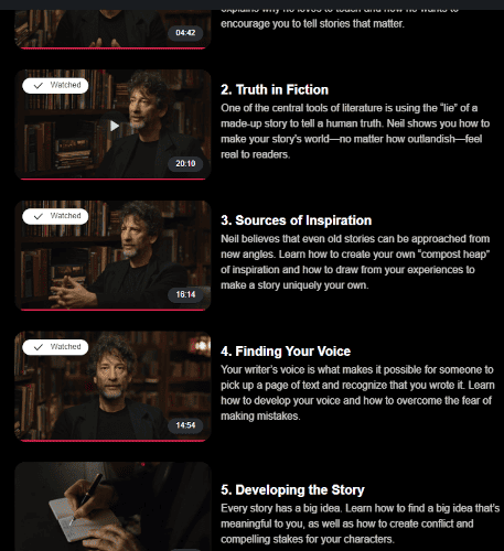 A screenshot of Neil Gaiman's MasterClass program