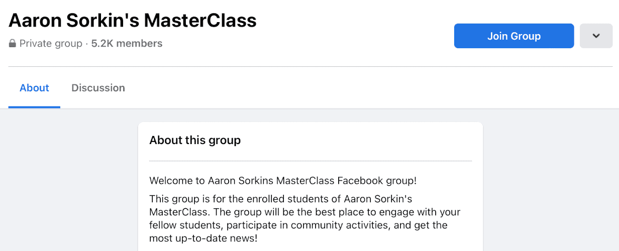 Screenshot of dedicated Facebook group to Aarons Sorkin's MassterClass