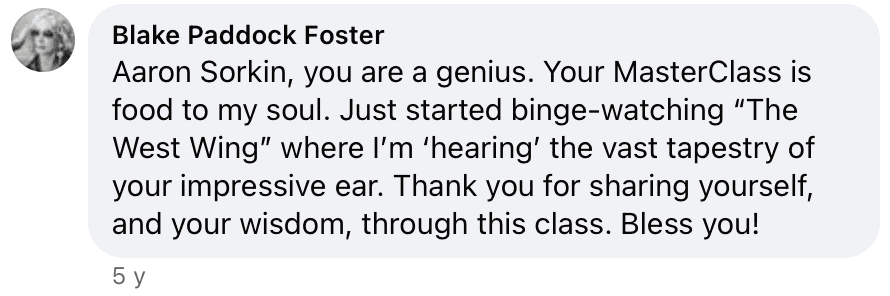 Student comment on Aaron's MasterClass