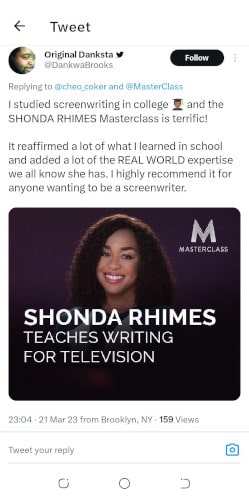 Students comment on Shonda Rhimes MasterClass on Twitter