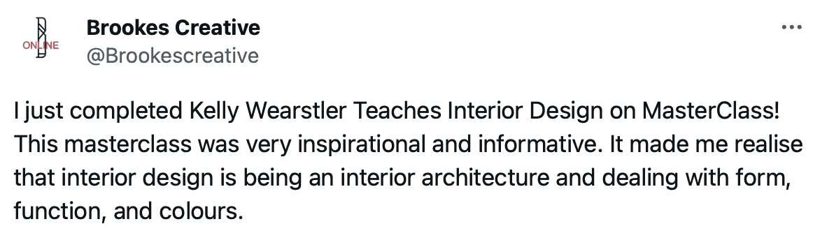 Twitter comment on Kelly Wearstler's MasterClass