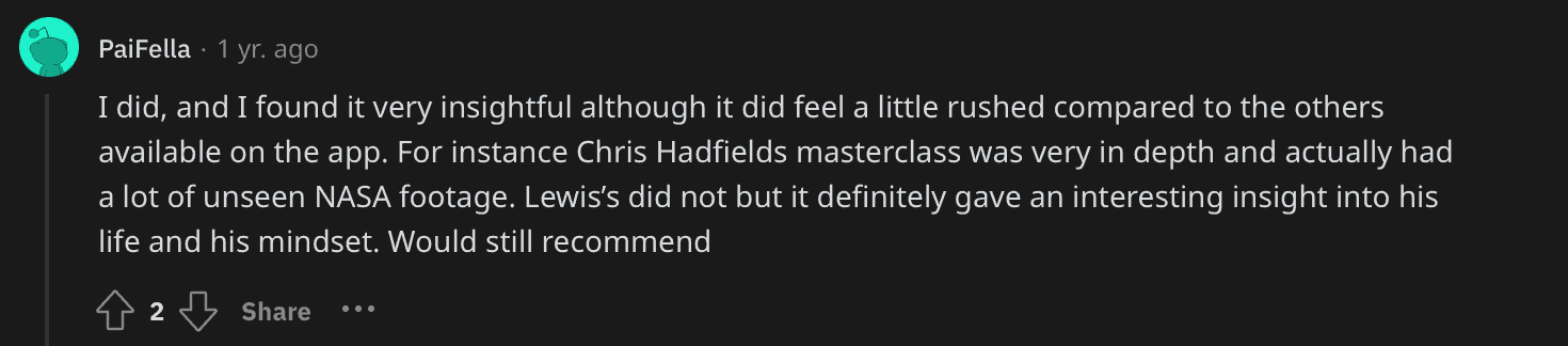 Lewis Hamilton's MasterClass Review on Reddit