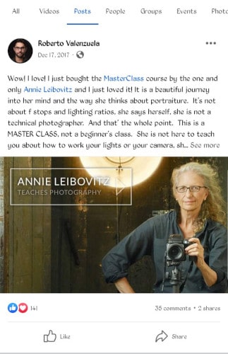 Annie Leibovitz Masterclass Review on Facebook