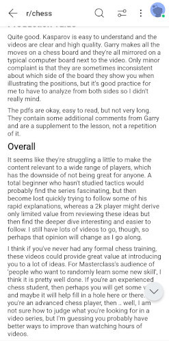 Another Garry Kasparov Masterclass course review on Reddit
