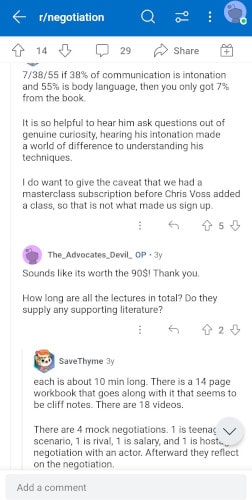 Discussion about Chris Voss's MasterClass on Reddit