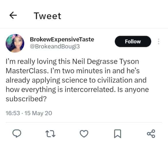 Neil DeGrasse Tyson MasterClass review on Twitter