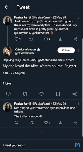 A reviewer comments on Twitter about Alice Waters MasterClass