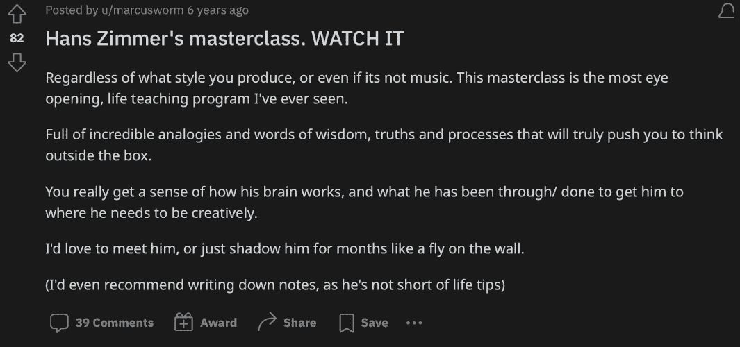 Hans Zimmer Masterclass Review on Reddit
