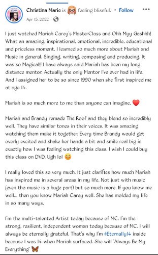 Mariah Carey Masterclass review on Facebook