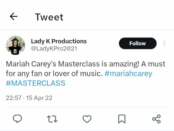 Mariah Carey Masterclass review on Twitter