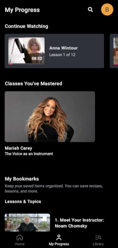 MasterClass experience progress tab that provides notes and completed courses