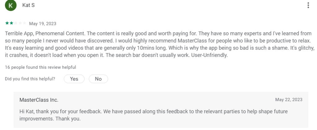 MasterClass reviews on Google App Store