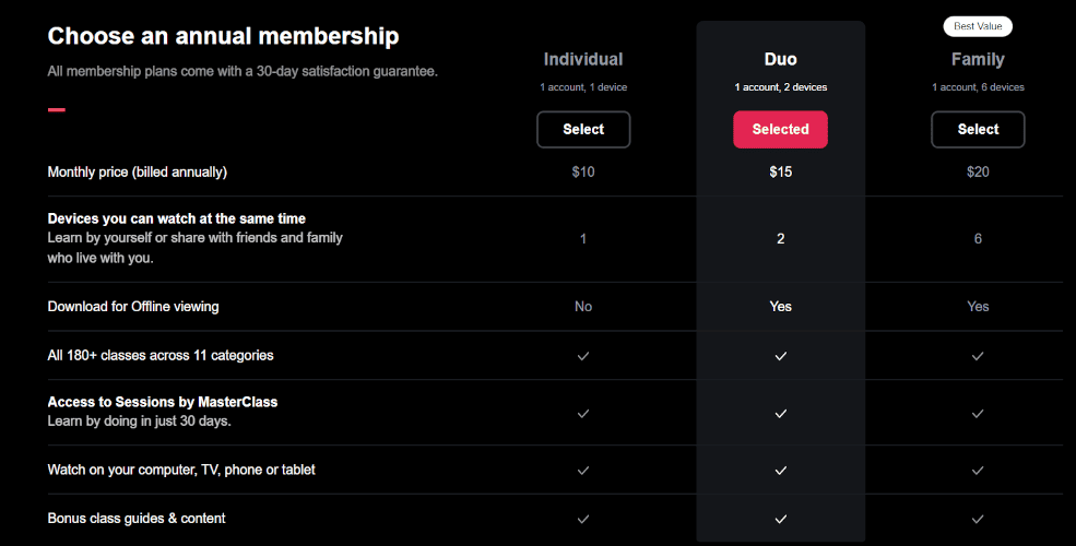 Table of MasterClass pricing options