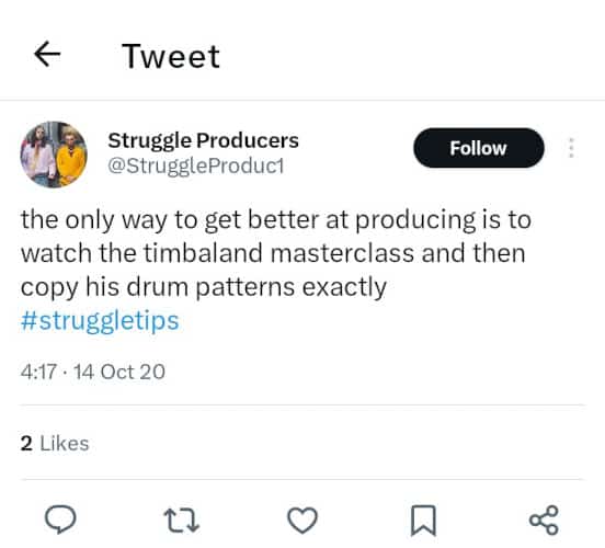 Tweet on how to start creating your own music with Timbaland