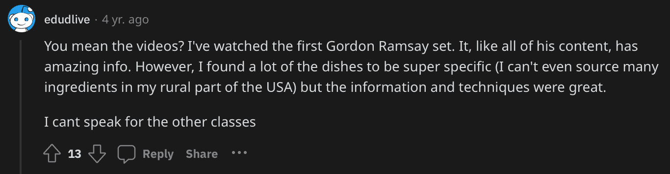 Reddit comment on Ramsay's MasterClass